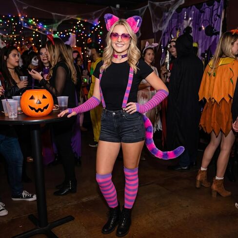 7Pcs Hot Pink Purple Striped Cat Costume Accessories for Women, Furry Cat Ear & Tail Choker Suspenders for Halloween Party in Saudi Arabia