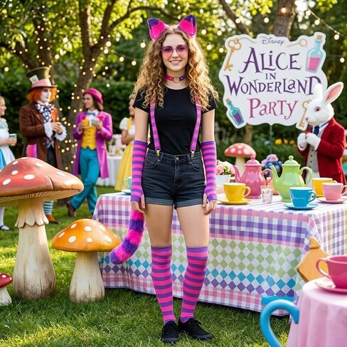 7Pcs Hot Pink Purple Striped Cat Costume Accessories for Women, Furry Cat Ear & Tail Choker Suspenders for Halloween Party in Saudi Arabia