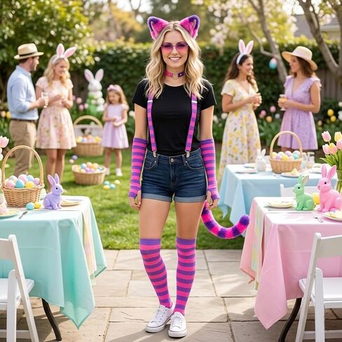 7Pcs Hot Pink Purple Striped Cat Costume Accessories for Women, Furry Cat Ear & Tail Choker Suspenders for Halloween Party in Saudi Arabia