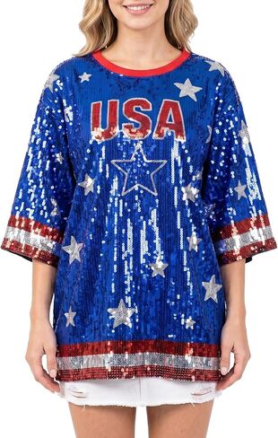 American Flag Star Striped Sparkly Sequin Long T-Shirt for Men Women Loose Mini Dress for Patriotic Casual Costume Party One Size in Saudi Arabia