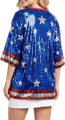 American Flag Star Striped Sparkly Sequin Long T-Shirt for Men Women Loose Mini Dress for Patriotic Casual Costume Party One Size in Saudi Arabia