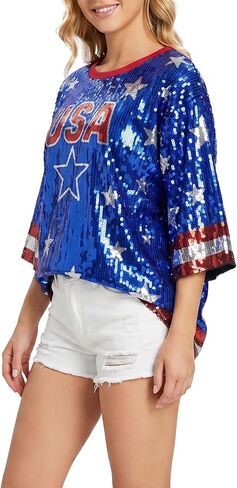 American Flag Star Striped Sparkly Sequin Long T-Shirt for Men Women Loose Mini Dress for Patriotic Casual Costume Party One Size in Saudi Arabia