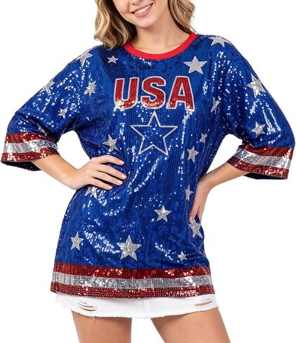 American Flag Star Striped Sparkly Sequin Long T-Shirt for Men Women Loose Mini Dress for Patriotic Casual Costume Party One Size in Saudi Arabia