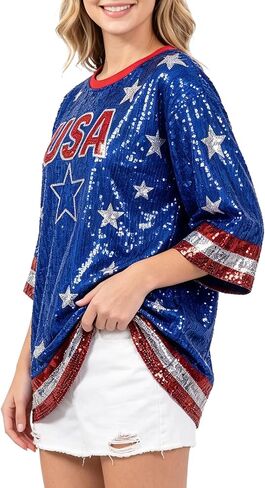 American Flag Star Striped Sparkly Sequin Long T-Shirt for Men Women Loose Mini Dress for Patriotic Casual Costume Party One Size in Saudi Arabia