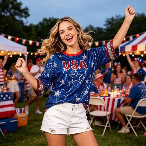 American Flag Star Striped Sparkly Sequin Long T-Shirt for Men Women Loose Mini Dress for Patriotic Casual Costume Party One Size in Saudi Arabia