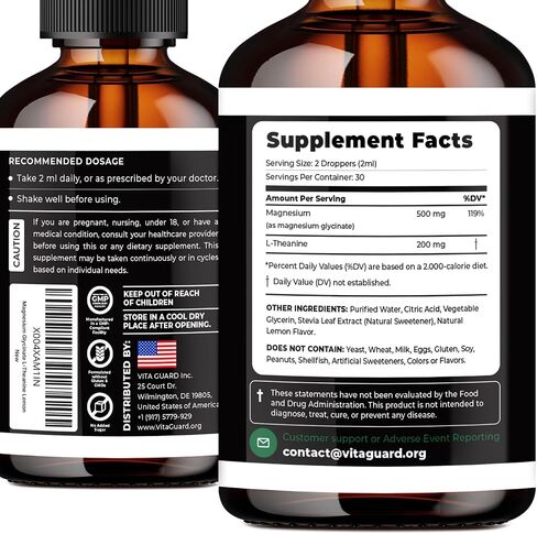 Vita Guard Magnesium Glycinate Liquid Drops 500mg – Liquid Magnesium Supplement with L-Theanine 200mg – Sleep, Calm, Stress Relief, Muscle & Nerve Health – Gluten Free, No Sugar, Vegan, 2 Fl Oz in Saudi Arabia