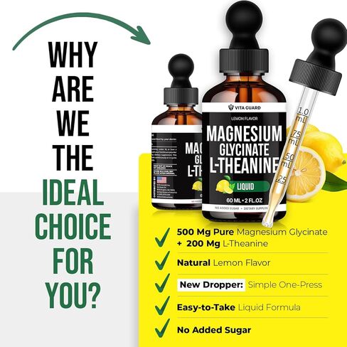Vita Guard Magnesium Glycinate Liquid Drops 500mg – Liquid Magnesium Supplement with L-Theanine 200mg – Sleep, Calm, Stress Relief, Muscle & Nerve Health – Gluten Free, No Sugar, Vegan, 2 Fl Oz in Saudi Arabia