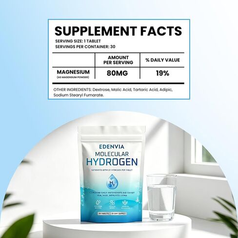 Edenvia Molecular Hydrogen Tablets for Hydrogen-Rich Water, 12 ppm H2 Effervescent Tablets for Drinking Water, Fast-Dissolving Unflavored H2 Tabs, Daily Hydration & Antioxidant Support, 30 Count in Kuwait