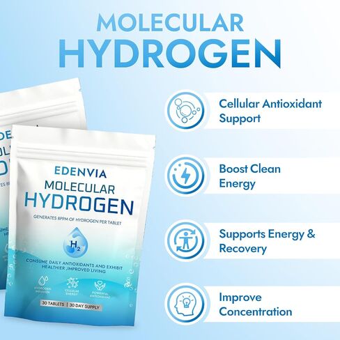Edenvia Molecular Hydrogen Tablets for Hydrogen-Rich Water, 12 ppm H2 Effervescent Tablets for Drinking Water, Fast-Dissolving Unflavored H2 Tabs, Daily Hydration & Antioxidant Support, 30 Count in Kuwait