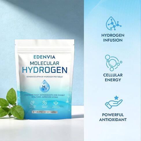 Edenvia Molecular Hydrogen Tablets for Hydrogen-Rich Water, 12 ppm H2 Effervescent Tablets for Drinking Water, Fast-Dissolving Unflavored H2 Tabs, Daily Hydration & Antioxidant Support, 30 Count in Kuwait