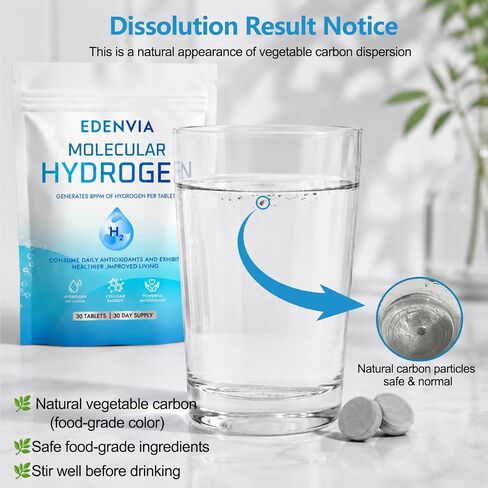 Edenvia Molecular Hydrogen Tablets for Hydrogen-Rich Water, 12 ppm H2 Effervescent Tablets for Drinking Water, Fast-Dissolving Unflavored H2 Tabs, Daily Hydration & Antioxidant Support, 30 Count in Kuwait