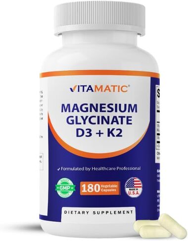 Vitamatic Magnesium Glycinate 200 mg (Elemental) with Vitamin D3 5000 IU & K2 200 mcg – High Absorption Bone, Muscle & Heart Support – 180 Veg Capsules – Non-GMO – Made in USA in Kuwait