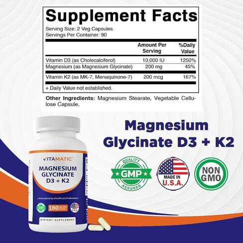 Vitamatic Magnesium Glycinate 200 mg (Elemental) with Vitamin D3 5000 IU & K2 200 mcg – High Absorption Bone, Muscle & Heart Support – 180 Veg Capsules – Non-GMO – Made in USA in Kuwait