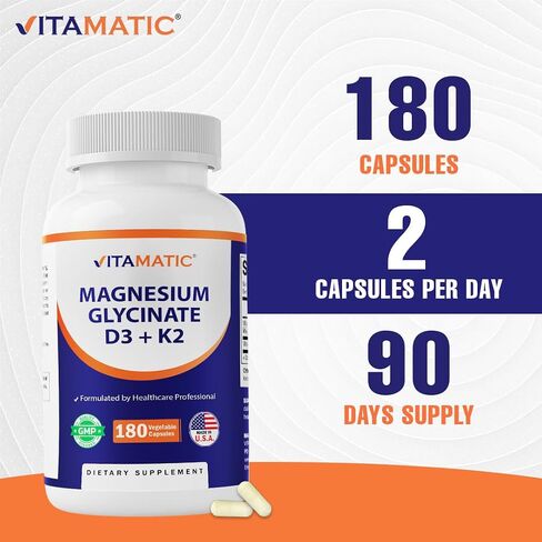 Vitamatic Magnesium Glycinate 200 mg (Elemental) with Vitamin D3 5000 IU & K2 200 mcg – High Absorption Bone, Muscle & Heart Support – 180 Veg Capsules – Non-GMO – Made in USA in Kuwait