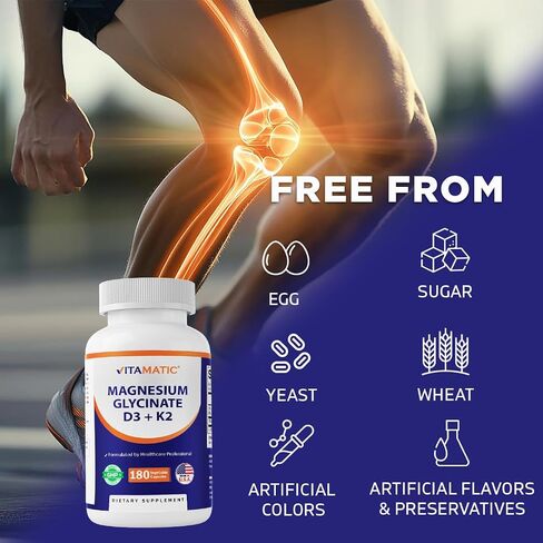Vitamatic Magnesium Glycinate 200 mg (Elemental) with Vitamin D3 5000 IU & K2 200 mcg – High Absorption Bone, Muscle & Heart Support – 180 Veg Capsules – Non-GMO – Made in USA in Kuwait