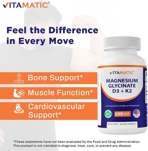 Vitamatic Magnesium Glycinate 200 mg (Elemental) with Vitamin D3 5000 IU & K2 200 mcg – High Absorption Bone, Muscle & Heart Support – 180 Veg Capsules – Non-GMO – Made in USA in Kuwait