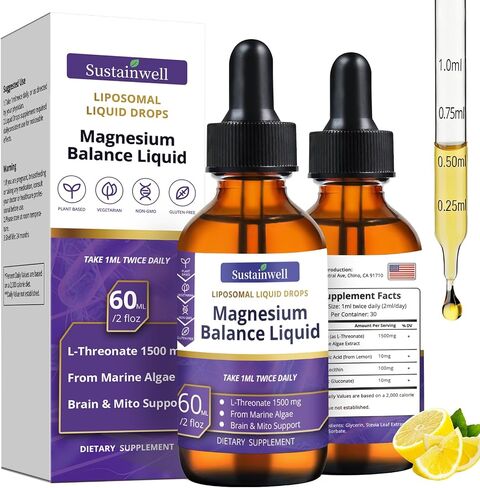 Magnesium L-Threonate Liquid Drops Magnesium L Threonate Supplement 1500mg High Absorption Brain Supplement for Memory Focus Sleep Sugar Free Vegan 4.08 Fl Oz(2 Pack) GMP Certified for Kids and Adults in Saudi Arabia
