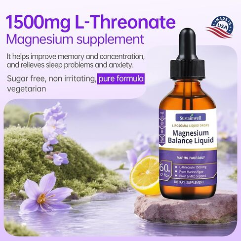 Magnesium L-Threonate Liquid Drops Magnesium L Threonate Supplement 1500mg High Absorption Brain Supplement for Memory Focus Sleep Sugar Free Vegan 4.08 Fl Oz(2 Pack) GMP Certified for Kids and Adults in Saudi Arabia