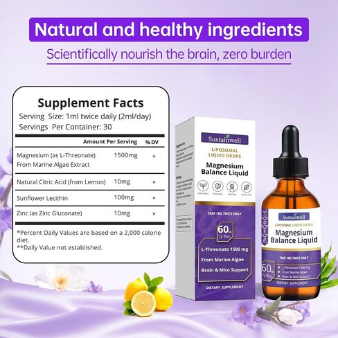 Magnesium L-Threonate Liquid Drops Magnesium L Threonate Supplement 1500mg High Absorption Brain Supplement for Memory Focus Sleep Sugar Free Vegan 4.08 Fl Oz(2 Pack) GMP Certified for Kids and Adults in Saudi Arabia