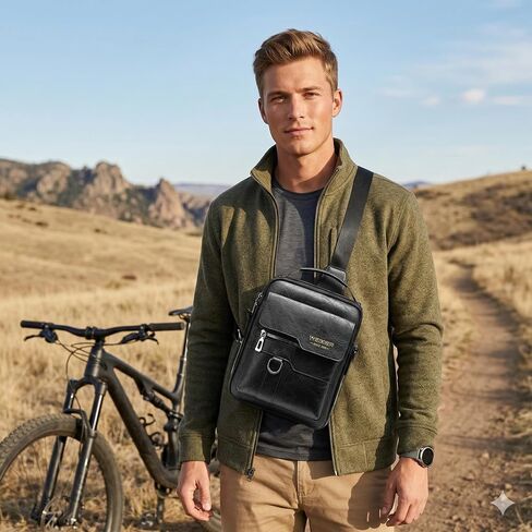 Vintage Sling Bag for Men,PU Leather,Waterproof,Lightweight,Large Capacity Crossbody Chest Bag for Outdoor;Camping;Hiking in Kuwait