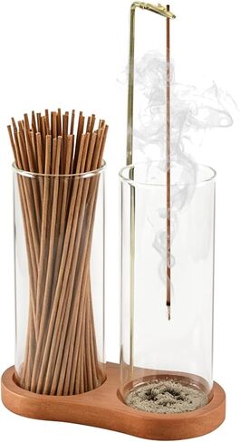 2 in 1 Incense Holder, Wooden Incense Holder for Sticks with Glass Ash Catcher & Storage, Anti-Ash Flying Incense Burner for Meditation, Yoga, Spa Home Boho Decor (Round Brown) in Saudi Arabia