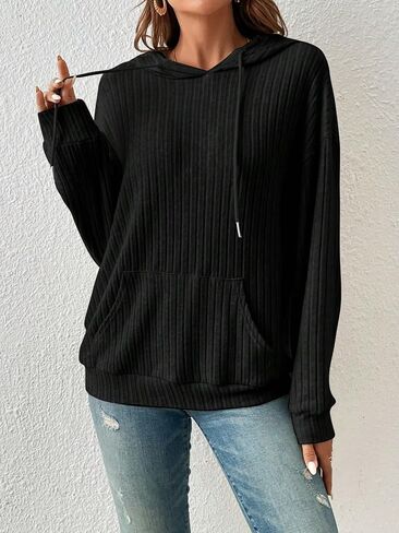 Women's Rib Knitted Drawstring Long Sleeve Plain Hoodie Top Casual Sweatshirt with Pocket in Kuwait