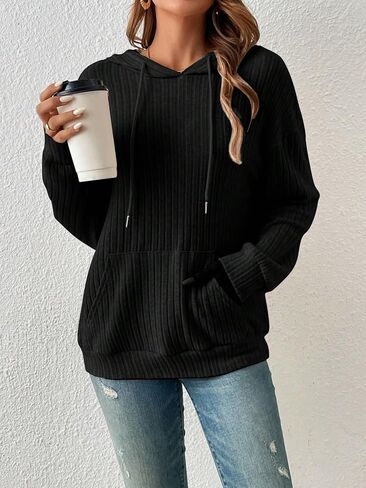 Women's Rib Knitted Drawstring Long Sleeve Plain Hoodie Top Casual Sweatshirt with Pocket in Kuwait