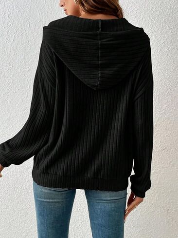 Women's Rib Knitted Drawstring Long Sleeve Plain Hoodie Top Casual Sweatshirt with Pocket in Kuwait