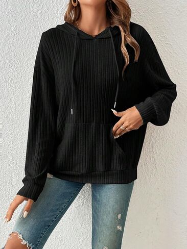 Women's Rib Knitted Drawstring Long Sleeve Plain Hoodie Top Casual Sweatshirt with Pocket in Kuwait