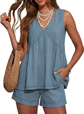 Hooever Women's 2 Piece Outfits Sleeveless V Neck Ruffle Sets Summer Contrast Stitching Tunic Top Matching Shorts in Saudi Arabia