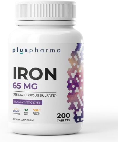 Iron 65 mg (from 325 mg Ferrous Sulfate), 200 Tablets, High Potency Iron Supplement, Non-GMO, Gluten Free, No Synthetic Dyes in Saudi Arabia