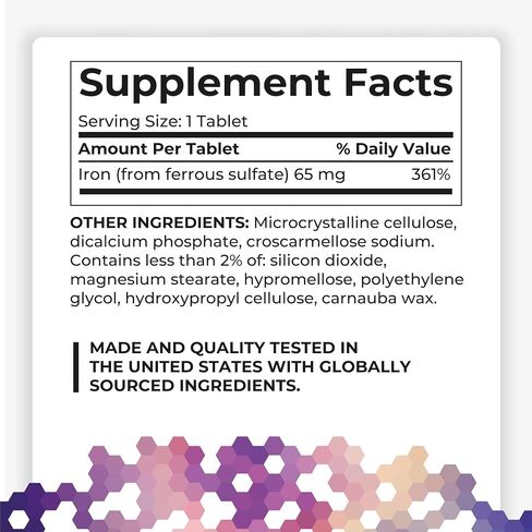 Iron 65 mg (from 325 mg Ferrous Sulfate), 200 Tablets, High Potency Iron Supplement, Non-GMO, Gluten Free, No Synthetic Dyes in Saudi Arabia