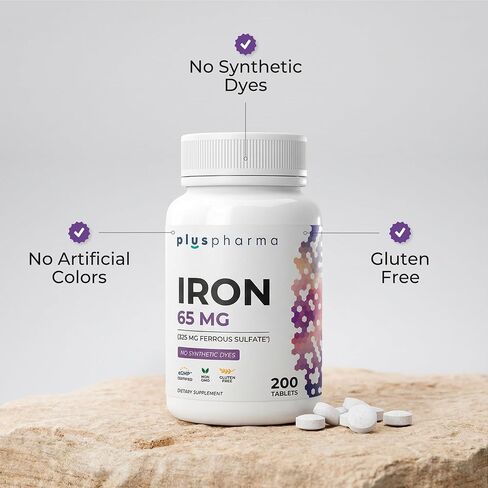 Iron 65 mg (from 325 mg Ferrous Sulfate), 200 Tablets, High Potency Iron Supplement, Non-GMO, Gluten Free, No Synthetic Dyes in Saudi Arabia