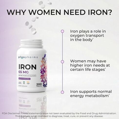 Iron 65 mg (from 325 mg Ferrous Sulfate), 200 Tablets, High Potency Iron Supplement, Non-GMO, Gluten Free, No Synthetic Dyes in Saudi Arabia