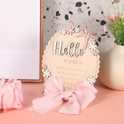 Baby Announcement Sign, Wooden Newborn Announcement Sign, Hello World Newborn Signs Flower Name Signs Board for Baby Shower Gender Reveal Party Hospital Decorations in Kuwait
