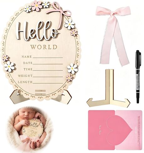 Baby Announcement Sign for Welcome Baby Hello World Newborn Sign with Pink Bow,Marker and Stand，Birth Announcement Signs for Newborn Photoshoot，Baby Girl Nursery Photo Prop Baby Name Sign(Light Pink) in Kuwait