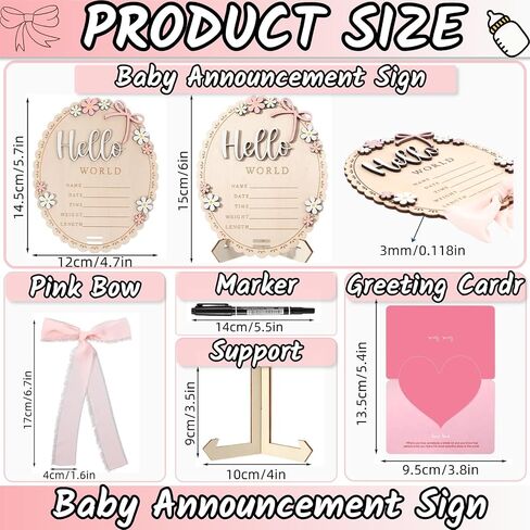 Baby Announcement Sign for Welcome Baby Hello World Newborn Sign with Pink Bow,Marker and Stand，Birth Announcement Signs for Newborn Photoshoot，Baby Girl Nursery Photo Prop Baby Name Sign(Light Pink) in Kuwait