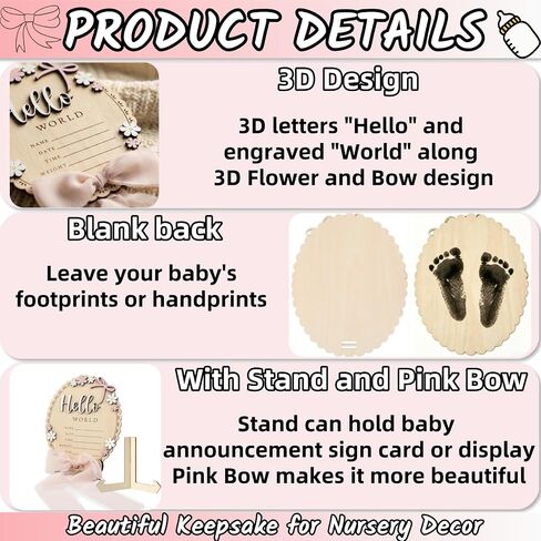 Baby Announcement Sign for Welcome Baby Hello World Newborn Sign with Pink Bow,Marker and Stand，Birth Announcement Signs for Newborn Photoshoot，Baby Girl Nursery Photo Prop Baby Name Sign(Light Pink) in Kuwait