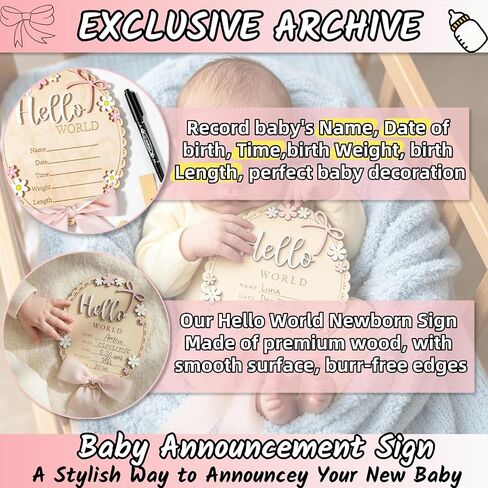 Baby Announcement Sign for Welcome Baby Hello World Newborn Sign with Pink Bow,Marker and Stand，Birth Announcement Signs for Newborn Photoshoot，Baby Girl Nursery Photo Prop Baby Name Sign(Light Pink) in Kuwait