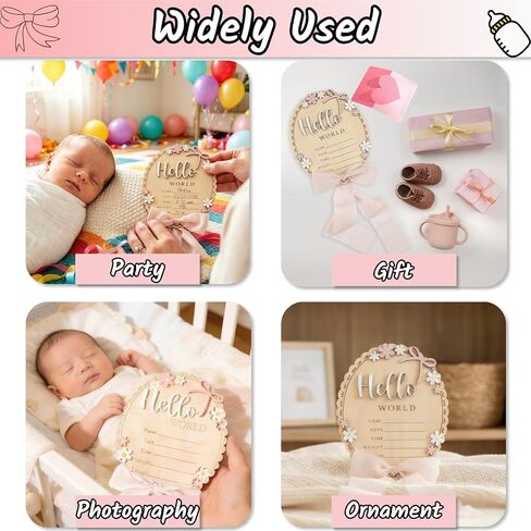 Baby Announcement Sign for Welcome Baby Hello World Newborn Sign with Pink Bow,Marker and Stand，Birth Announcement Signs for Newborn Photoshoot，Baby Girl Nursery Photo Prop Baby Name Sign(Light Pink) in Kuwait