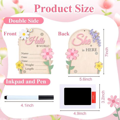 Capoda Baby Announcement Sign Hello World Newborn Sign She Is Here Name Board Wooden Birth Name Plaque Double-sided Spring Floral Newborn Welcome Board for Photo Prop Babies Shower Hospital Nursery in Kuwait