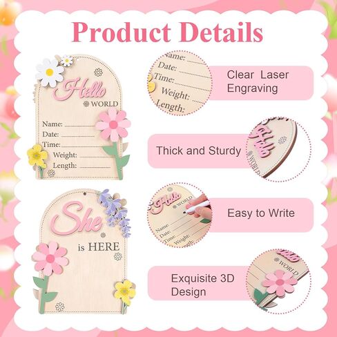 Capoda Baby Announcement Sign Hello World Newborn Sign She Is Here Name Board Wooden Birth Name Plaque Double-sided Spring Floral Newborn Welcome Board for Photo Prop Babies Shower Hospital Nursery in Kuwait