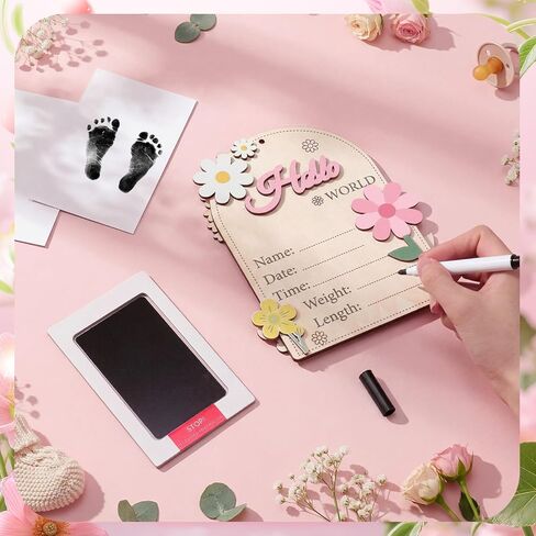 Capoda Baby Announcement Sign Hello World Newborn Sign She Is Here Name Board Wooden Birth Name Plaque Double-sided Spring Floral Newborn Welcome Board for Photo Prop Babies Shower Hospital Nursery in Kuwait
