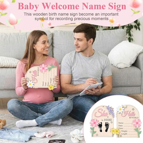Capoda Baby Announcement Sign Hello World Newborn Sign She Is Here Name Board Wooden Birth Name Plaque Double-sided Spring Floral Newborn Welcome Board for Photo Prop Babies Shower Hospital Nursery in Kuwait