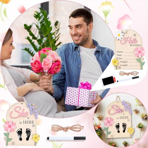 Capoda Baby Announcement Sign Hello World Newborn Sign She Is Here Name Board Wooden Birth Name Plaque Double-sided Spring Floral Newborn Welcome Board for Photo Prop Babies Shower Hospital Nursery in Kuwait