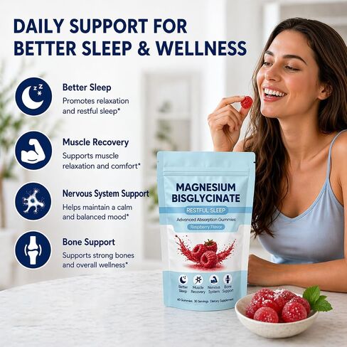 Magnesium Bisglycinate Gummies with 400mg Magnesium Bisglycinate Chelate, Sea Salt, Raspberry Fruit Powder, Supports Sleep & Relax Muscles, Strengthen Bones, Vegan for Women, 60 Gummies in Saudi Arabia