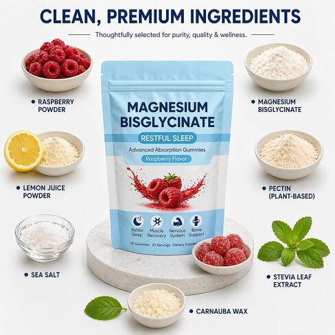 Magnesium Bisglycinate Gummies with 400mg Magnesium Bisglycinate Chelate, Sea Salt, Raspberry Fruit Powder, Supports Sleep & Relax Muscles, Strengthen Bones, Vegan for Women, 60 Gummies in Saudi Arabia
