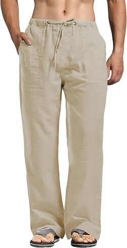 perdontoo Mens Casual Cotton Linen Pants Elastic Waist Drawstring Straight Summer Beach Pants (XX-Large, Dark Khaki) in Saudi Arabia