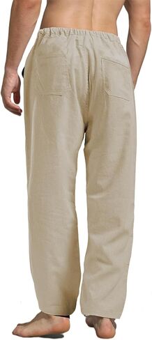 perdontoo Mens Casual Cotton Linen Pants Elastic Waist Drawstring Straight Summer Beach Pants (XX-Large, Dark Khaki) in Saudi Arabia