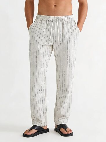 Men's Striped Linen Blend Pants, Elastic Drawstring Relaxed Fit Summer Beachwear Casual Trousers in Kuwait